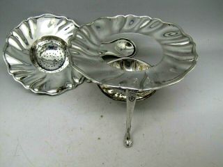 Ornate Antique German Solid Silver Tea Strainer & Stand Art Nouveau Flower Shape