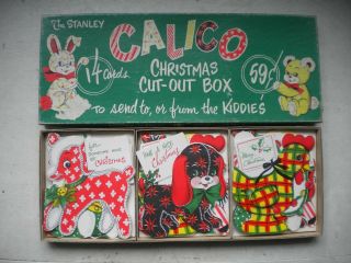 Vtg Stanley Box Set Of 12 Christmas Calico Greeting Cards For Kiddies Children