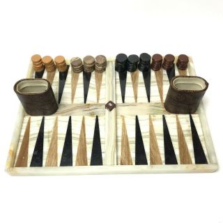 Luxury Backgammon Set Marble Ivory Black And Caramel Vintage 14 " X 10 "