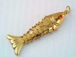 Vintage Solid 14k Gold Flexible Fish Pendant W Red Stone Eyes