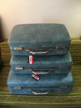 Vtg 60s American Tourister Blue Marble Plastic Suitcase Luggage Set W/ Keys