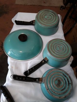 Vtg 8 Pc.  Club Aluminum Turquoise Blue Cookware Pots Pans