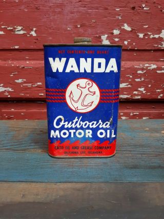 Wanda Outboard Motor Oil Metal Quart Can Vintage Anchor Cato Oil & Grease Co Ok
