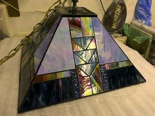 3142m Vtg Large Stained Glass Swag Lamp W/14 