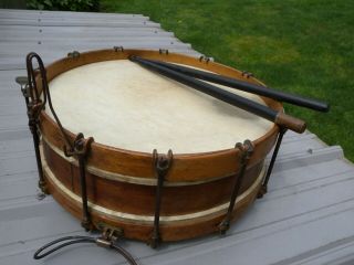 Antique Wood Snare Drum Vintage Marching Band Military Brass Hardware Drumsticks