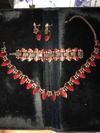 Vintage Matisse Copper And Red Enamel Necklace,  Bracelet,  And Earrings Set