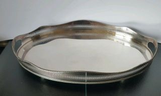 Large 18 " Galleried Silver Plate On Copper Drinks Serving Tray