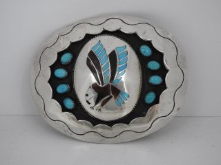 Vintage H.  Spencer Navajo Turquoise Eagle Inlay Belt Buckle Signed
