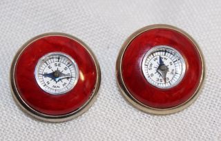 Vtg 40s 50s Cherry Red Marbled Bakelite Nautical Compass Clip Earrings