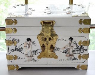 Vintage Estate Japanese Jewelry Box Large Chest Mother Of Pearl Brass White Big
