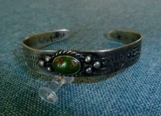 Vtg Navajo Fred Harvey Era Stamped Ih Coin Silver Green Turquoise Cuff Bracelet