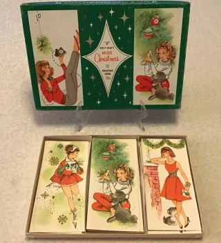 MCM Vintage Rust Craft Miss Christmas Cards 12 Card Set Cat Poodle Mod 2