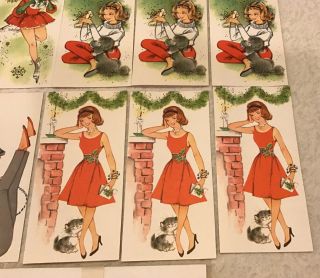MCM Vintage Rust Craft Miss Christmas Cards 12 Card Set Cat Poodle Mod 4
