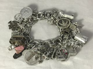 Vintage Sterling Silver Charm Bracelet Loaded With 40 Charms Love Travel Life