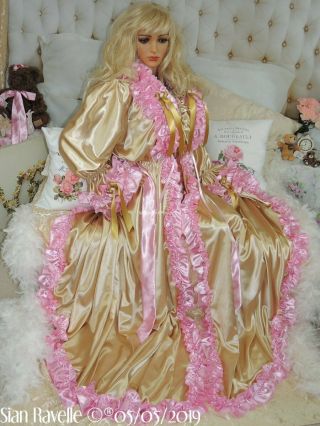 Sian Ravelle Luxury Gold Pink Satin Bride Sissy Cd Long Gown Evening Dress Robe