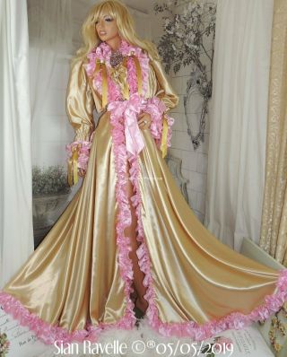 Sian Ravelle LUXURY Gold Pink Satin Bride Sissy Cd Long Gown Evening Dress Robe 2