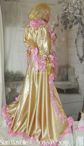 Sian Ravelle LUXURY Gold Pink Satin Bride Sissy Cd Long Gown Evening Dress Robe 5