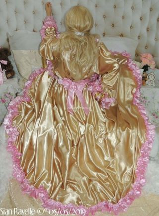 Sian Ravelle LUXURY Gold Pink Satin Bride Sissy Cd Long Gown Evening Dress Robe 6