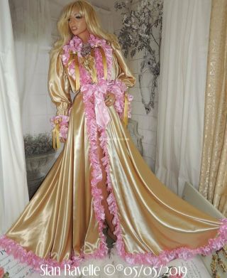 Sian Ravelle LUXURY Gold Pink Satin Bride Sissy Cd Long Gown Evening Dress Robe 8