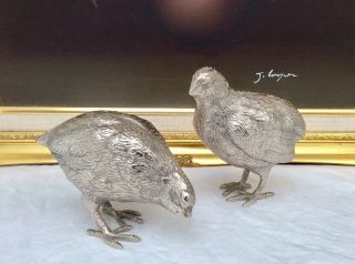 Fine Quality Antique German Silver Plated Bronze Partridge Birds 835 Gr.