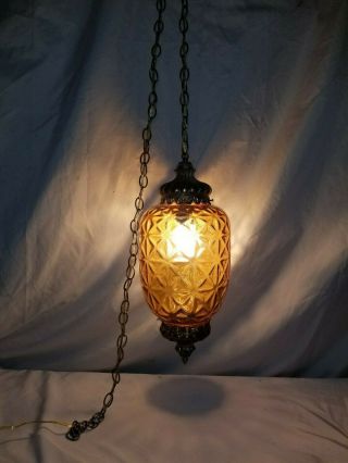 Vintage Mid Century Amber Glass Swag Hanging Lamp Light Fixture