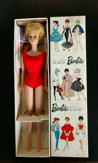 Vintage 1962 Mattel Bubble Cut Barbie Doll Ash Blond Ponytail Box Japan