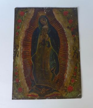 Vintage Mexican Retablo On Tin Our Lady Of Guadalupe Religious10 1/8 " X 14 "