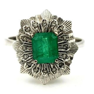 Vintage 18ct White Gold Emerald Cut Emerald & Diamond Ring 5 Grams Size Uk Q