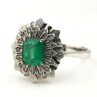 Vintage 18ct White Gold Emerald Cut Emerald & Diamond Ring 5 Grams Size UK Q 3