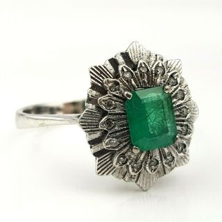 Vintage 18ct White Gold Emerald Cut Emerald & Diamond Ring 5 Grams Size UK Q 4
