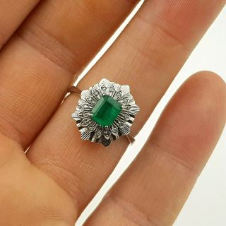 Vintage 18ct White Gold Emerald Cut Emerald & Diamond Ring 5 Grams Size UK Q 7