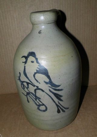 Vintage Stoneware1 Gallon Jug Cobalt Decorated Folk Bird On A Branch