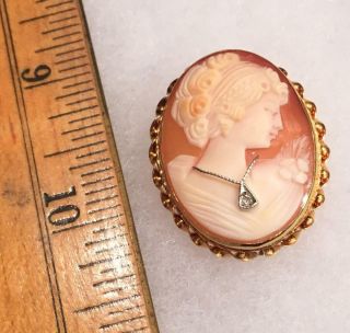 Antique Victorian 10kt Yellow Gold,  Diamond & Carved Shell Cameo Brooch Pendant