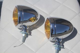 Vintage Style Fog Light Lamps Tear Drop 12 Volt Chrome Amber Hot Rod Truck Pair