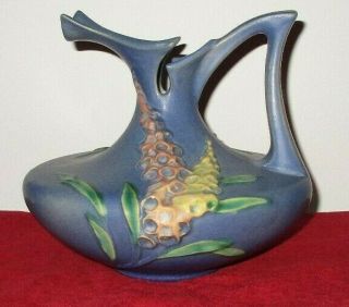 Vintage Roseville Art Pottery Usa Foxglove Blue Ewer Vase 4 - 6 1/2 " With Ice Lip