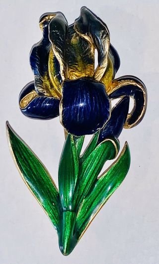 Mfa Museum Of Fine Arts Blue Enamel Boston Iris Brooch Gold - Tone Metal Vintage