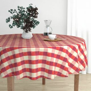 Round Tablecloth Red Check Picnic Plaid Red And Off White Vintage Cotton Sateen