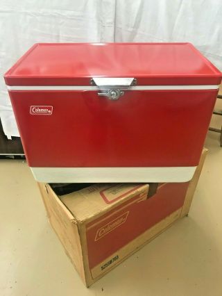 Vintage Red Coleman 56 Qt.  Snow Lite Cooler W/ Tray & Box