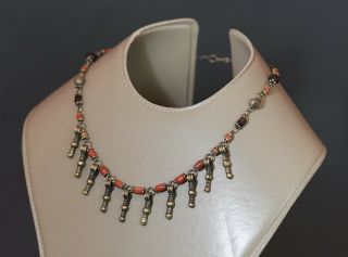 Antique Berber Alloy Necklace Chain Mediterranean Red Coral Beads Amethyst Gems