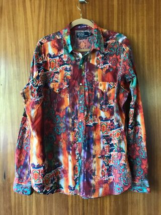 Vintage Ralph Lauren Polo Mens Xl Ikat Tie Dye Paisley Western Pearl Snap Shirt