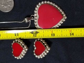 Vintage Sterling Silver Red Heart Coral Pendant & Earring Set Mexico.  925