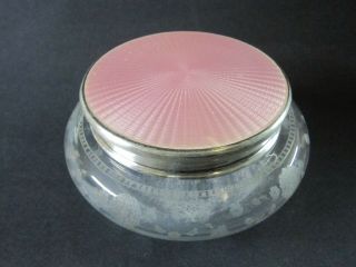 Vintage Pink Enamel Guilloche Sterling Silver Bureau Powder Jar With Puff 5 "