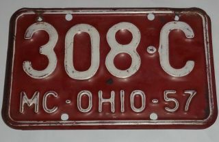 Rare Vintage 1957 Ohio Motorcycle License Plate Mc Tag 308c Low Number