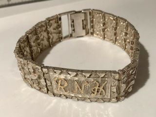 Vintage Sterling Silver Link Bracelet Heavy With 14k Gold Engraved Letters R N H