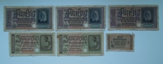 Germany 1,  20,  50 Reichsmark Ww2 1940 - 45 (6 Banknoten).
