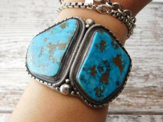 Vtg Old Pawn Navajo Double Royston Turquoise Huge Sterling Silver Cuff Bracelet