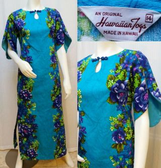 Vintage 1960s Hawaiian Togs Blue Bark Cloth Maxi Dress Tiki - Size M - Euc