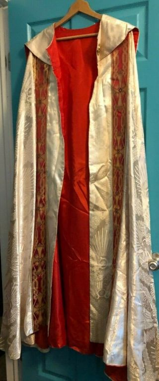 GORGEOUS VINTAGE CATHOLIC PRIESTS BISHOPS IVORY BROCADE COPE & HUMERAL VEIL SET 4