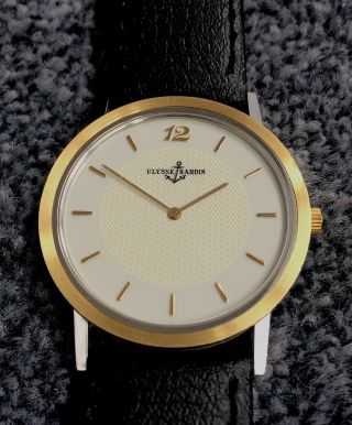 ULYSSE NARDIN steel and solid gold - ultra slim dress watch,  textured dial,  RARE 2