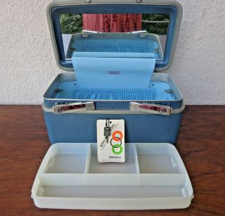 Vintage Samsonite Medalist Train Case Blue Suitcase Luggage Make Up Tray Key Exc